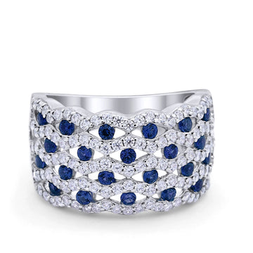 Wide Band Half Eternity Ring Round Simulated Blue Sapphire CZ 925 Sterling Silver